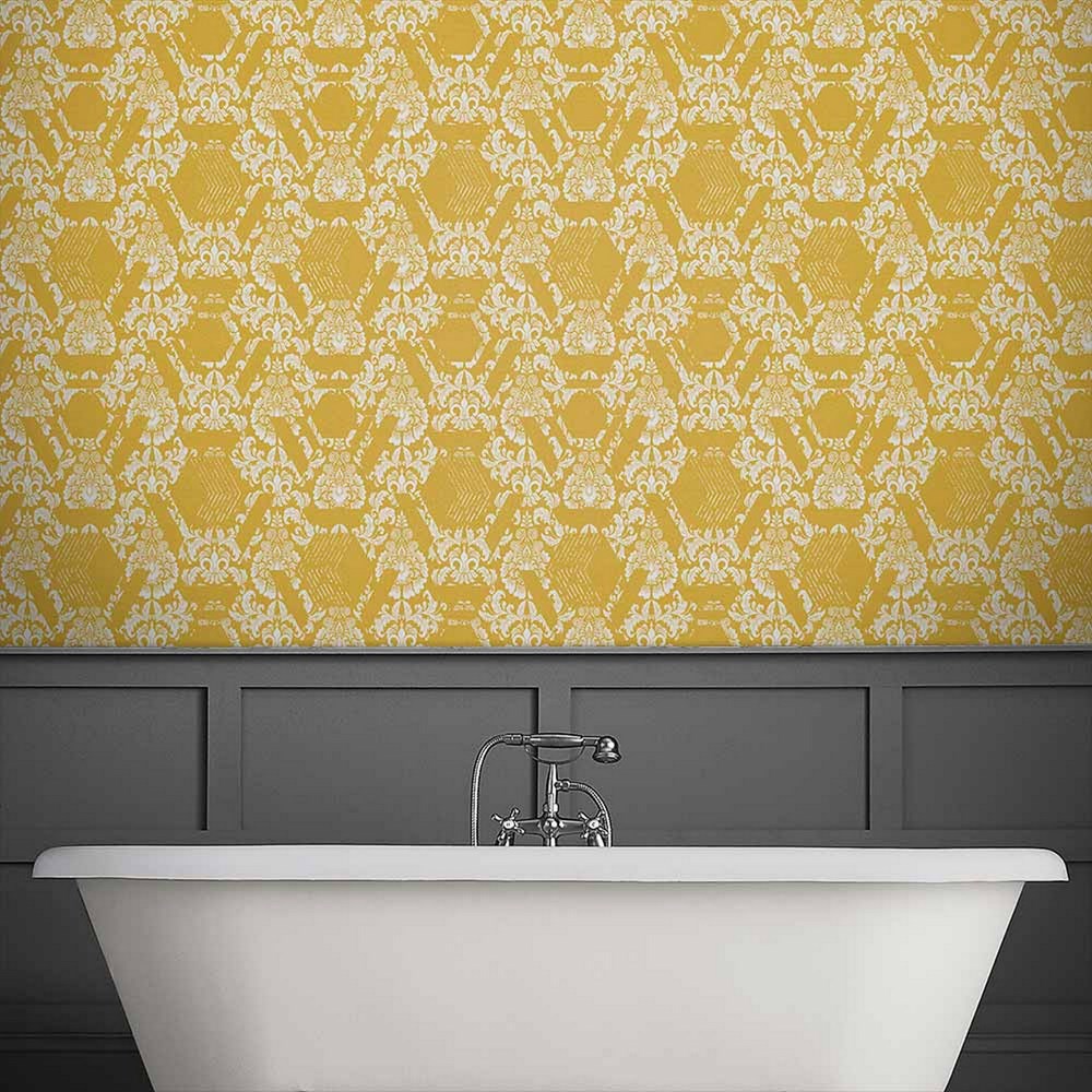 Geo Damask Wallpaper 106446 by Graham & Brown in Yellow